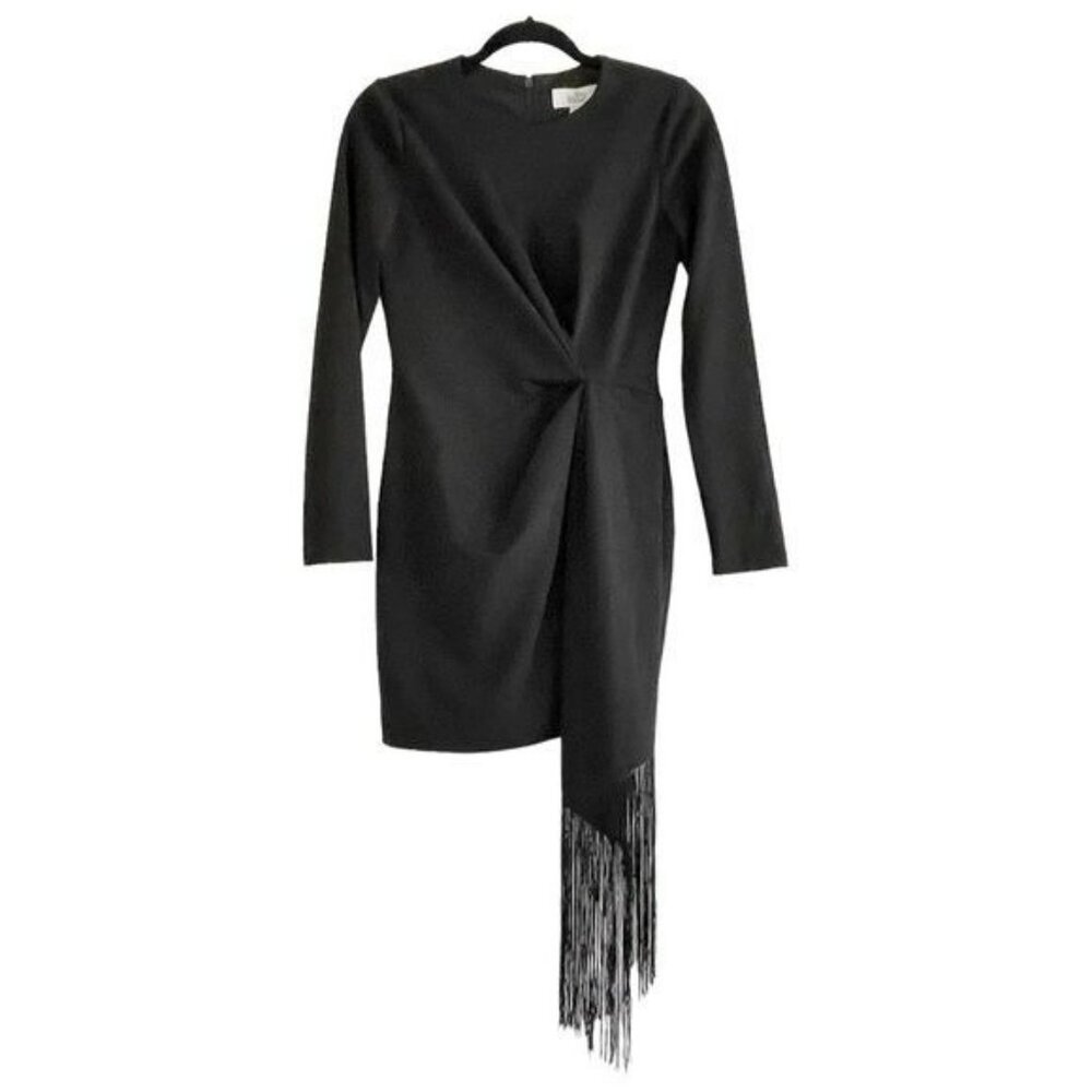 Badgley Mischka Black Crepe Fringe Dress Harley Party Cocktail Evening Sz 2 NWT